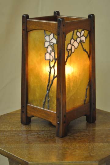arts and crafts greene and greene style table lamp of african mahogany with hand crafted art glass